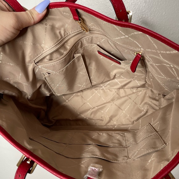 Michael Kors Jet Set Travel Medium Carryall Tote Brown MK Signature Scarlet Red - Picture 11 of 12